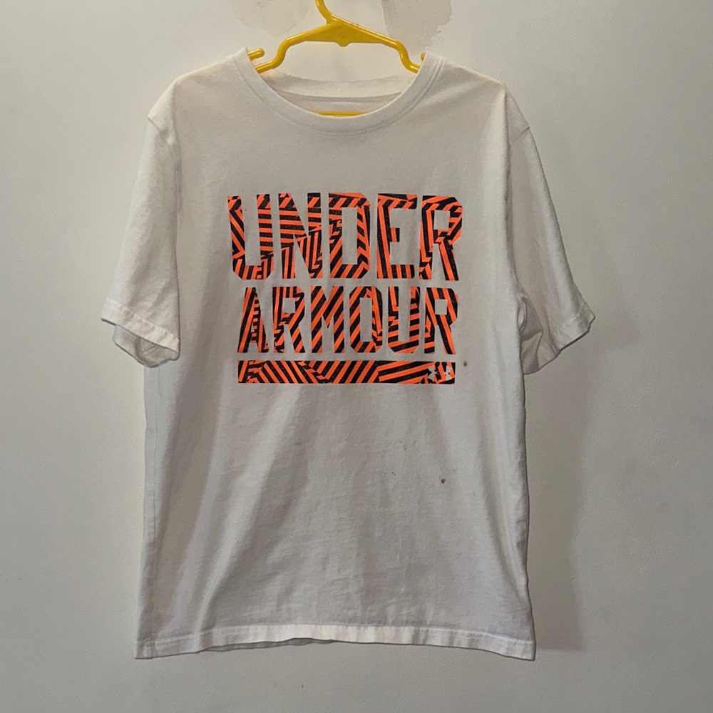 Under Armour White Tee with Striped Orange Logo Boya
